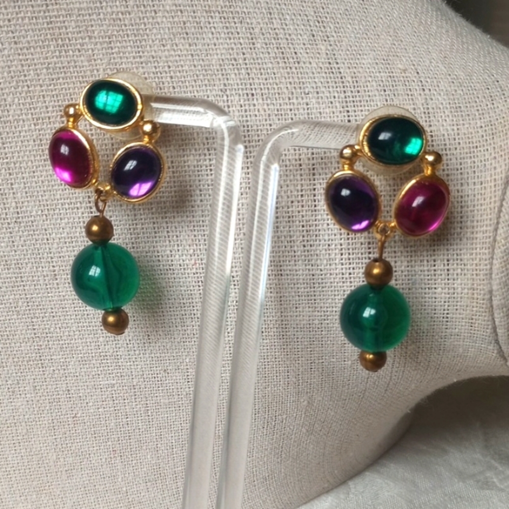 '80s Faux Cabochon Royal Peacock Colored Dangle Earrings